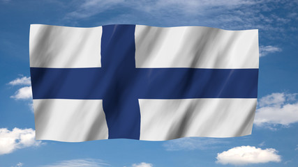 Obraz premium The Finnish flag flag in 3d, waving in the wind, on sky background.