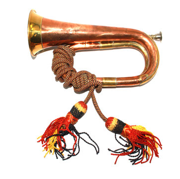 A Brass and Copper Small Bugle  Instrument On White Background