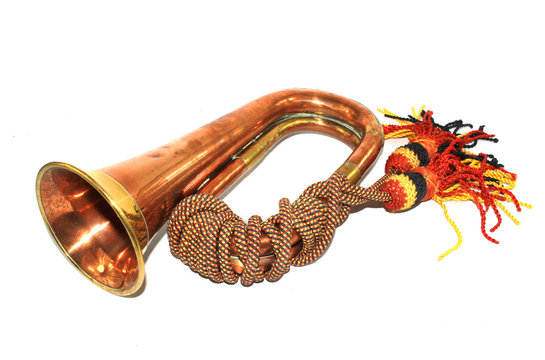 A Brass and Copper Small Bugle  Instrument On White Background