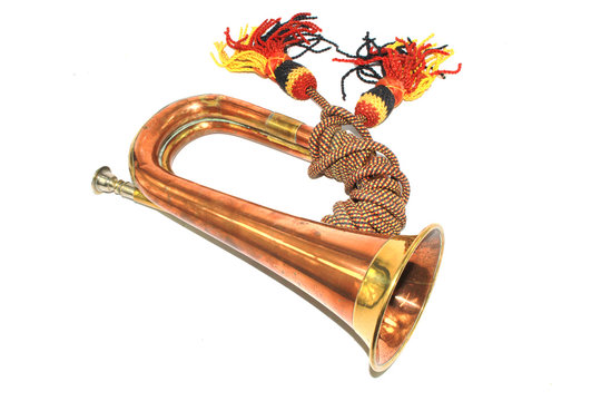 A Brass and Copper Small Bugle  Instrument On White Background