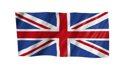 The British flag in 3d, waving in the wind, on white background.