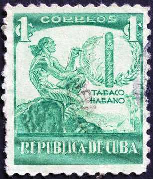 Cuban tobacco advertised on old postage stamp