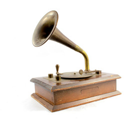 A Vintage and Antique Wooden Small Gramophone Record Player on White Background