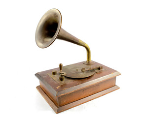 A Vintage and Antique Wooden Small Gramophone Record Player on White Background