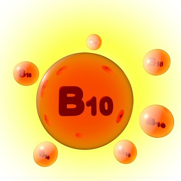 Transparent golden vitamin B10 pills on yellow background. Aminobenzoic acid capsules. Vitamin and mineral complex. 3d illustration