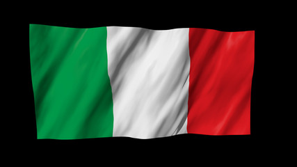 The Italy flag in 3d, waving in the wind, on black background.