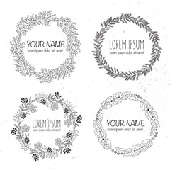 Vector collection of hand drawn logo templates. Wedding, family, children photographer logotypes. Vintage badges wreath
