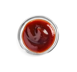 Bowl with barbecue sauce on white background