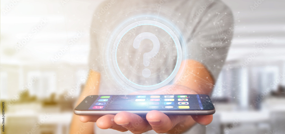 Poster man holding a technology question mark icon on a circle 3d rendering