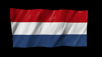 The Dutch flag in 3d, waving in the wind, on black background.