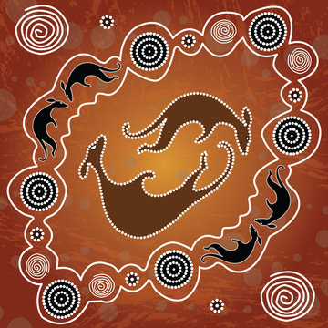 Aboriginal art vector painting with kangaroo. Illustration based on aboriginal style of background. 