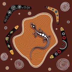 Naklejka premium Aboriginal art background with lizard. Illustration based on aboriginal style of dot painting. 