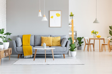 Orange blanket on grey sofa in modern apartment interior with poster and wooden table. Real photo - obrazy, fototapety, plakaty