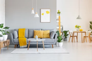Foto op Plexiglas Orange blanket on grey sofa in modern apartment interior with poster and wooden table. Real photo © Photographee.eu