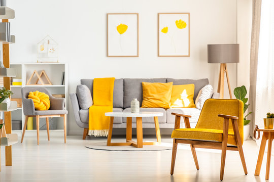 Yellow wooden armchair in bright living room interior with grey sofa under posters. Real photo