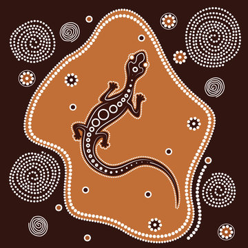 Aboriginal art background with lizard. Illustration based on aboriginal style of dot painting. 