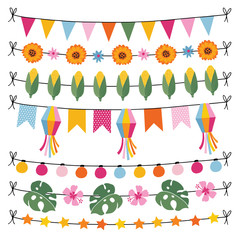 Set of tropical summer garlands. String of lights, bunting flags, corn, monstera leaves and hibiscus flowers. Garden party or Brazilian June party, Festa Junina, decorations. Isolated vector borders.