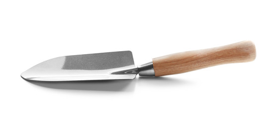 Metal shovel for gardening on white background