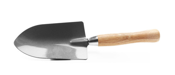 Metal shovel for gardening on white background