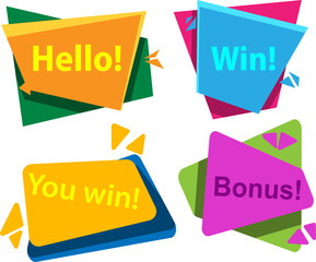 Colorful hello, bonus, win signs isolated on white.