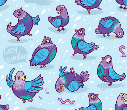 Seamless pattern with cartoon pigeons. Design for wrapping paper, fabric, textile, wallpaper, apparel