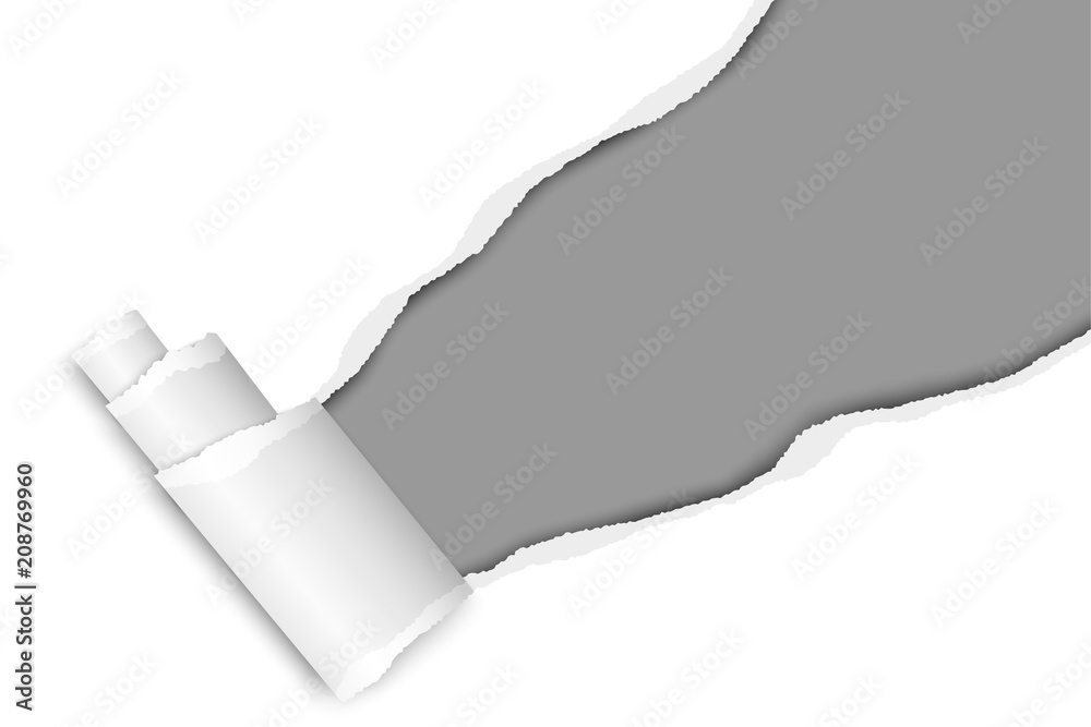Wall mural diagonally snatched middle of white paper from upper right corner to lower left with torn edges, sha