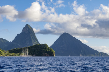 Sailing yacht at the Pitons, famous landmark of Saint Lucia Island, West Indies