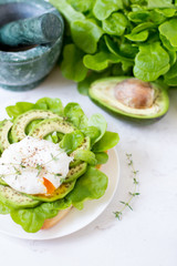 Egg-poached with ciabatta, avocado and baby lettuce leaves