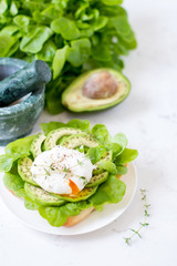 Egg-poached with ciabatta, avocado and baby lettuce leaves