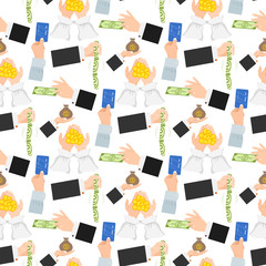 Businessman human hands arm holding paper money stack vector illustration finance seamless pattern background