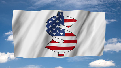 The Dollar flag in 3d; waving in the wind; on sky background.