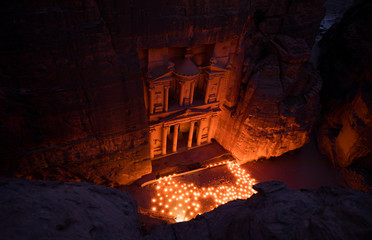 View from top at night of Treasury Buiding in Petra Jordan