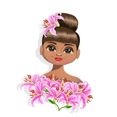 Beautiful girl with lilies in her hair. Vector illustration.