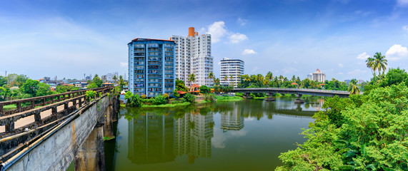 Panoramic river view and cityscapes of Kerala, India.
