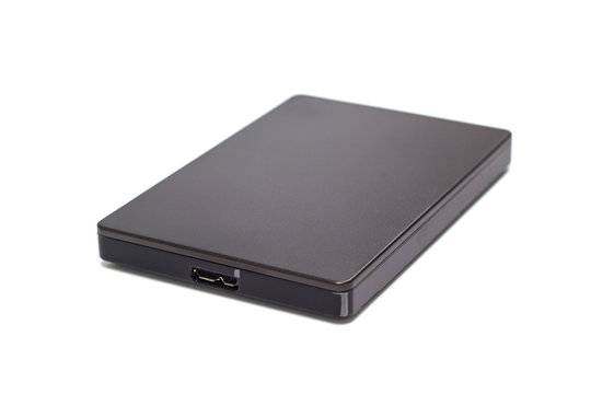 black external hard drive isolated white background 