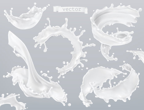 Milk splashes, yogurt, cream. 3d vector element set. Package design