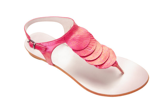 female sandals has pearly luster, pink flip-flops is on white