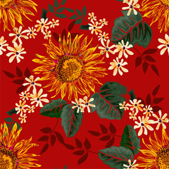 Graphic design,sun flower in seamless pattern on red background