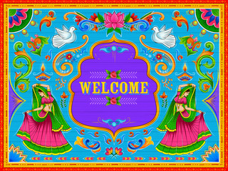 Colorful Welcome banner in truck art kitsch style of India - 208774310