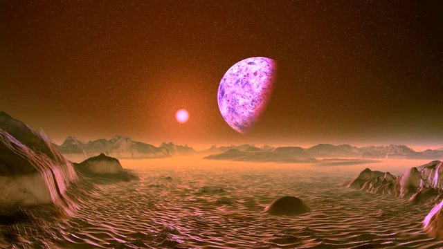 Pink Sunrise on Alien Planet. A large planet (moon) slowly rotates on a dark starry sky. Over the misty horizon, a bright pink sun rises rapidly. Desert and rocks are painted in pink. 