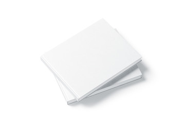 Blank white two rectangular book mockup stack, top side view, 3d rendering. Empty notebook on each other hard cover mockup, isolated. Bookstore branding template