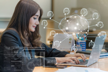 Asian businesswoman in formal suit working with computer laptop for Polygonal brain shape of an artificial intelligence with various icon of smart city Internet of Things, AI and business IOT concept - obrazy, fototapety, plakaty