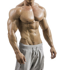 Fototapeta premium Unrecognizable young man with naked muscular torso, wearing jeans, isolated on white background. Close-up on back