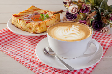 breakfast coffee Fried egg in Bread baked topped with ham