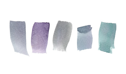 Set of five simple pastel colored brush strokes painted in watercolor on clean white background