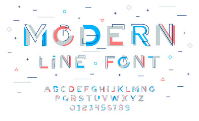 Stylish modern abstract font and alphabet with numbers. Vector colorful font from pieces of shapes and strips, glitch effect.