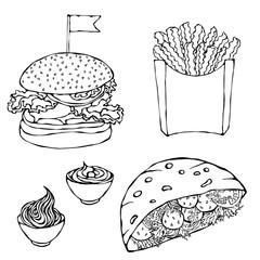 Burger, French Fries, Ketchup, Falafel Pita or Meatball Salad in Pocket Bread and Mayonnaise Sauce. Fast Food Set. Street Food. Realistic Hand Drawn Illustration. Savoyar Doodle Style.