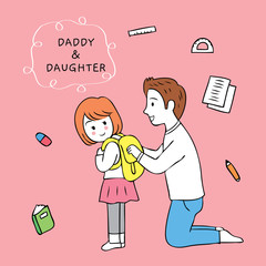 Cartoon cute father and daughter go to school vector.