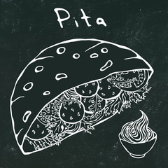 Black Board Background. Falafel Pita or Meatball Salad in Pocket Bread. Arabic Israel Healthy Fast Food Bakery. Jewish Street Food. Realistic Hand Drawn Illustration. Savoyar Doodle Style.