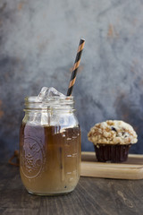 Iced Coffee in a Jar with a Muffin